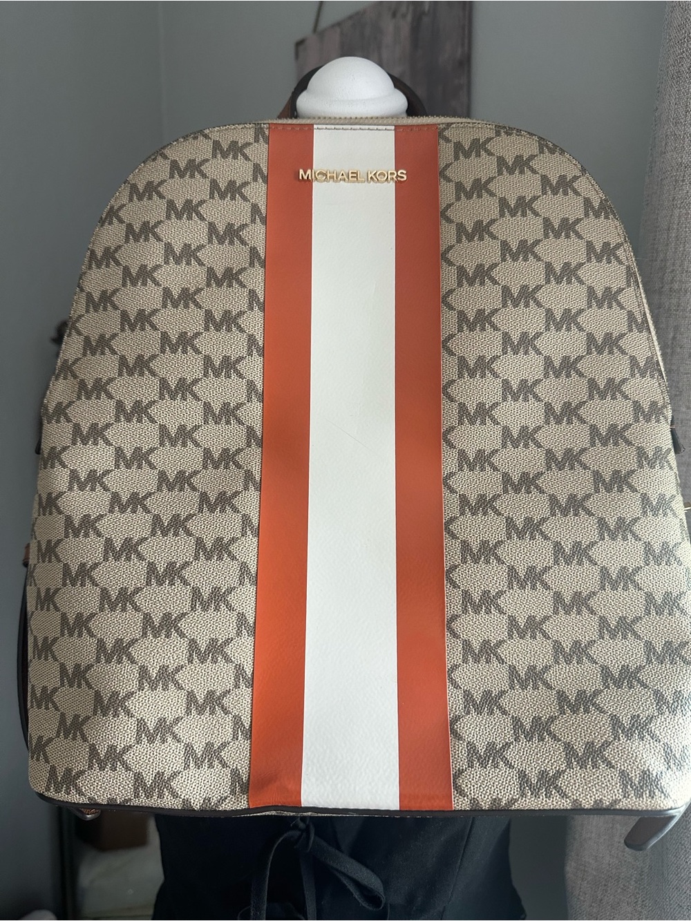 Michael Kors Beige MK Monogram Backpack with Orange & White Center Stripe